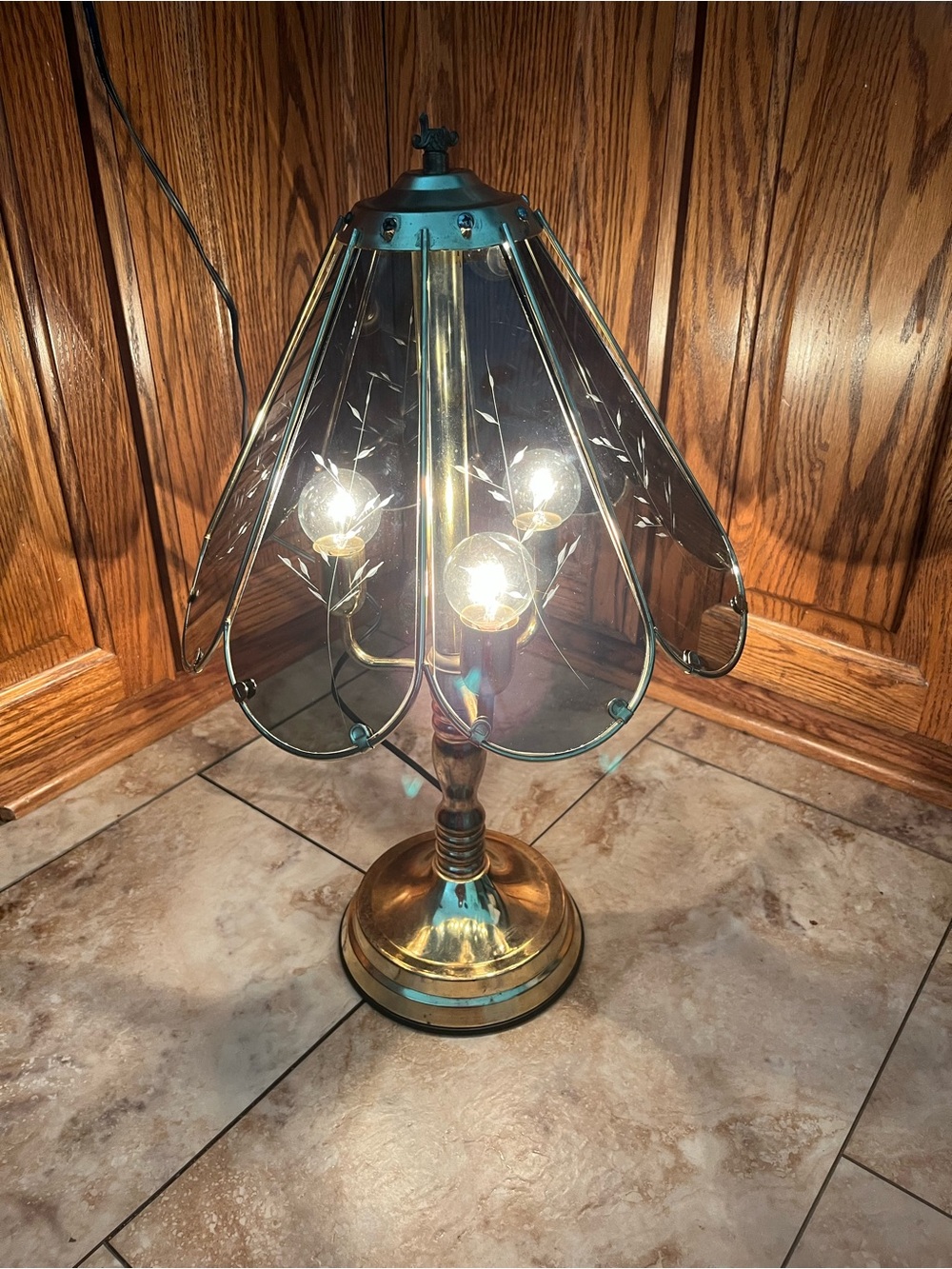 Vintage Brass and Black Glass Touch Lamp